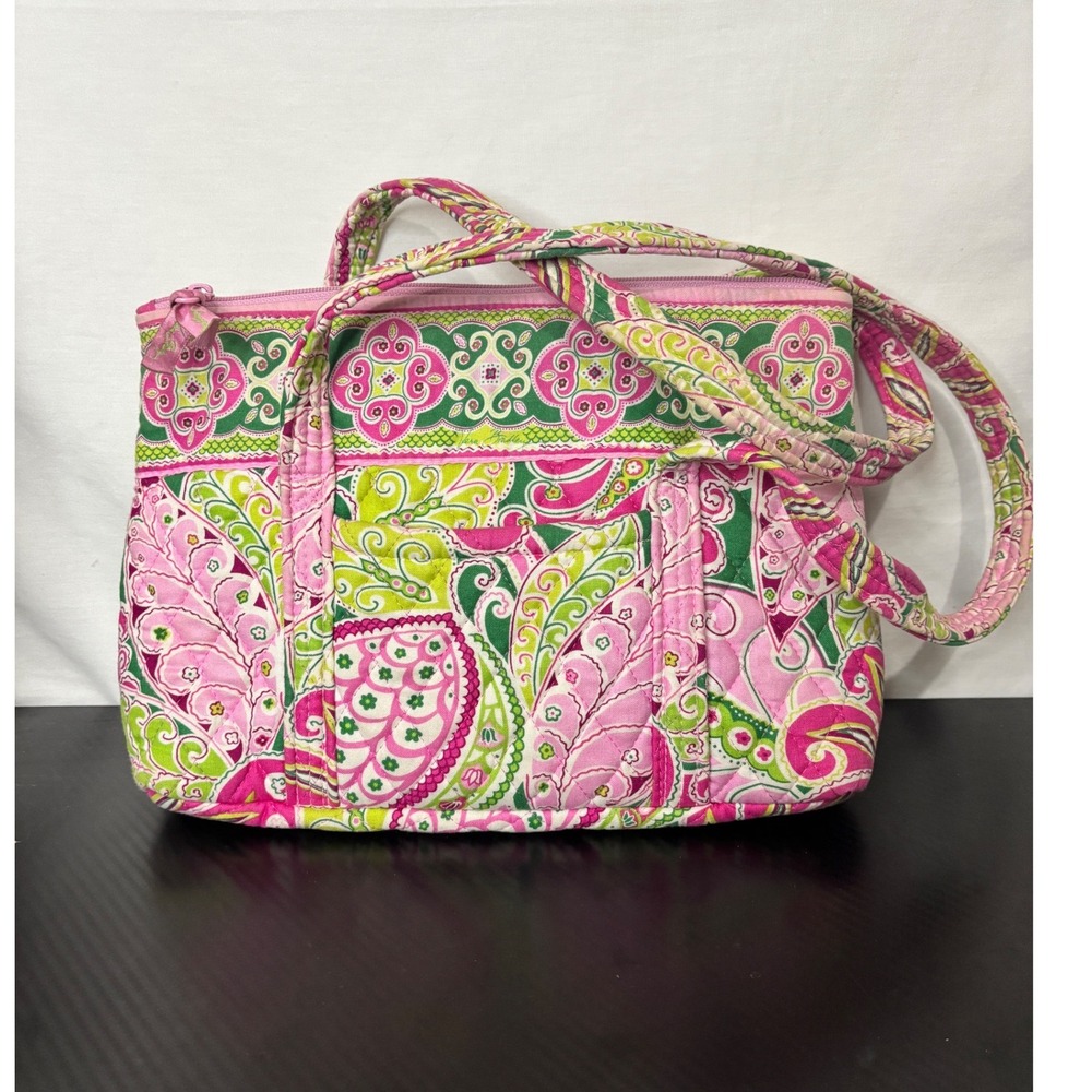 Vera Bradley Quilted Cotton Handbag Pink Green Paisley Floral Zipper Tote Bag
